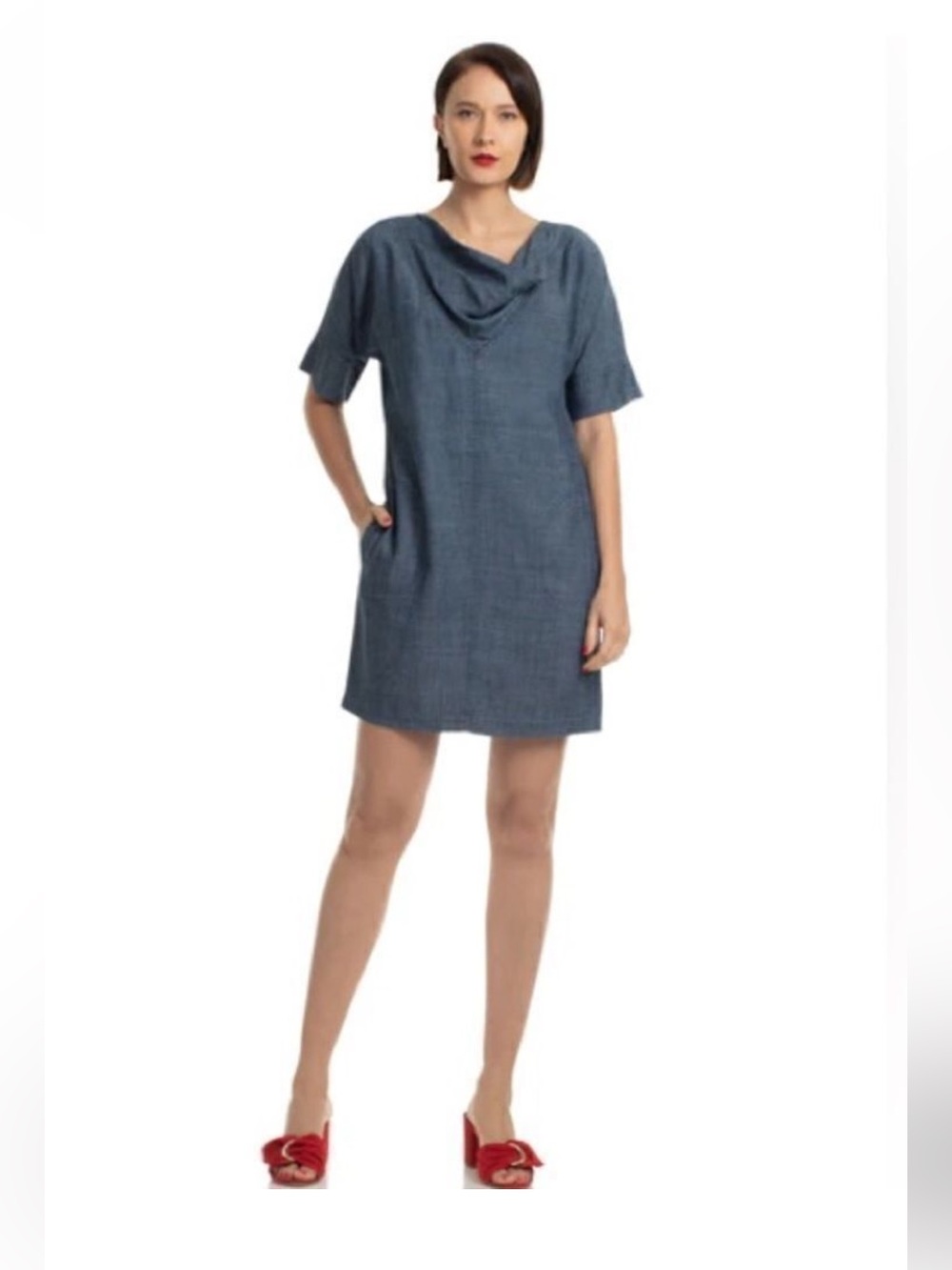 Trina Turk Blue Chambray Shift Dress Size L -‎ Lyocell Linen Blend Cowl Neck